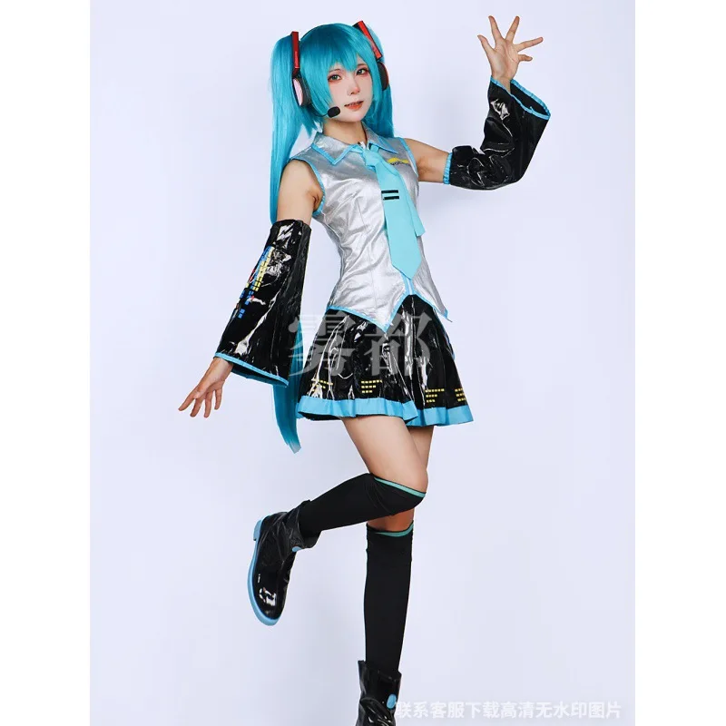Miku-conjunto completo de Cosplay, traje de tela de cuero plateado, ropa para la cabeza, JK, vestido de marinero, uniforme de escuela secundaria, Hallo