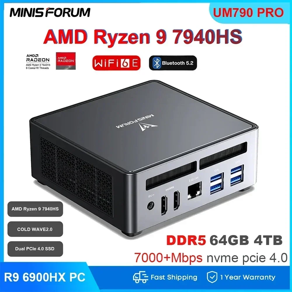 كمبيوتر صغير MINISFORUM UM790 Pro Ryzen 9 7940HS يعمل بنظام التشغيل Windows 11 Pro DDR5 64GB 1TB PCle 4.0 NVMe SSD WiFi 6E كمبيوتر ألعاب