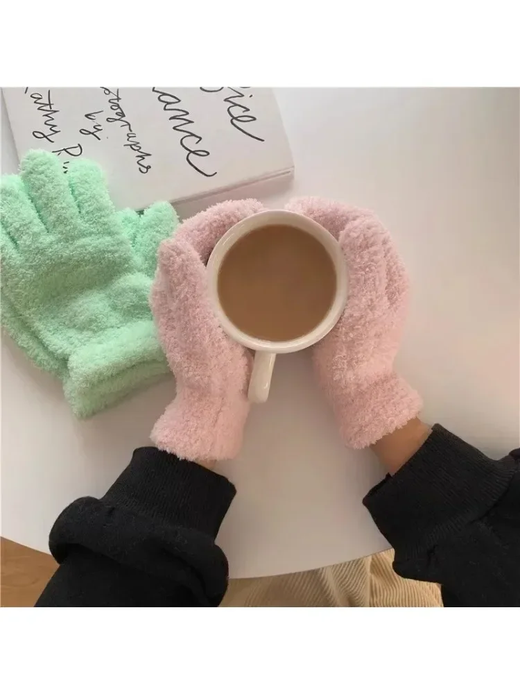 AliExpress Fashion Winter Mink Velvet Five Finger Gloves Plush Warm Cold-proof Gloves Women Outdoors Cycling Solid Color Wistiti Mittens