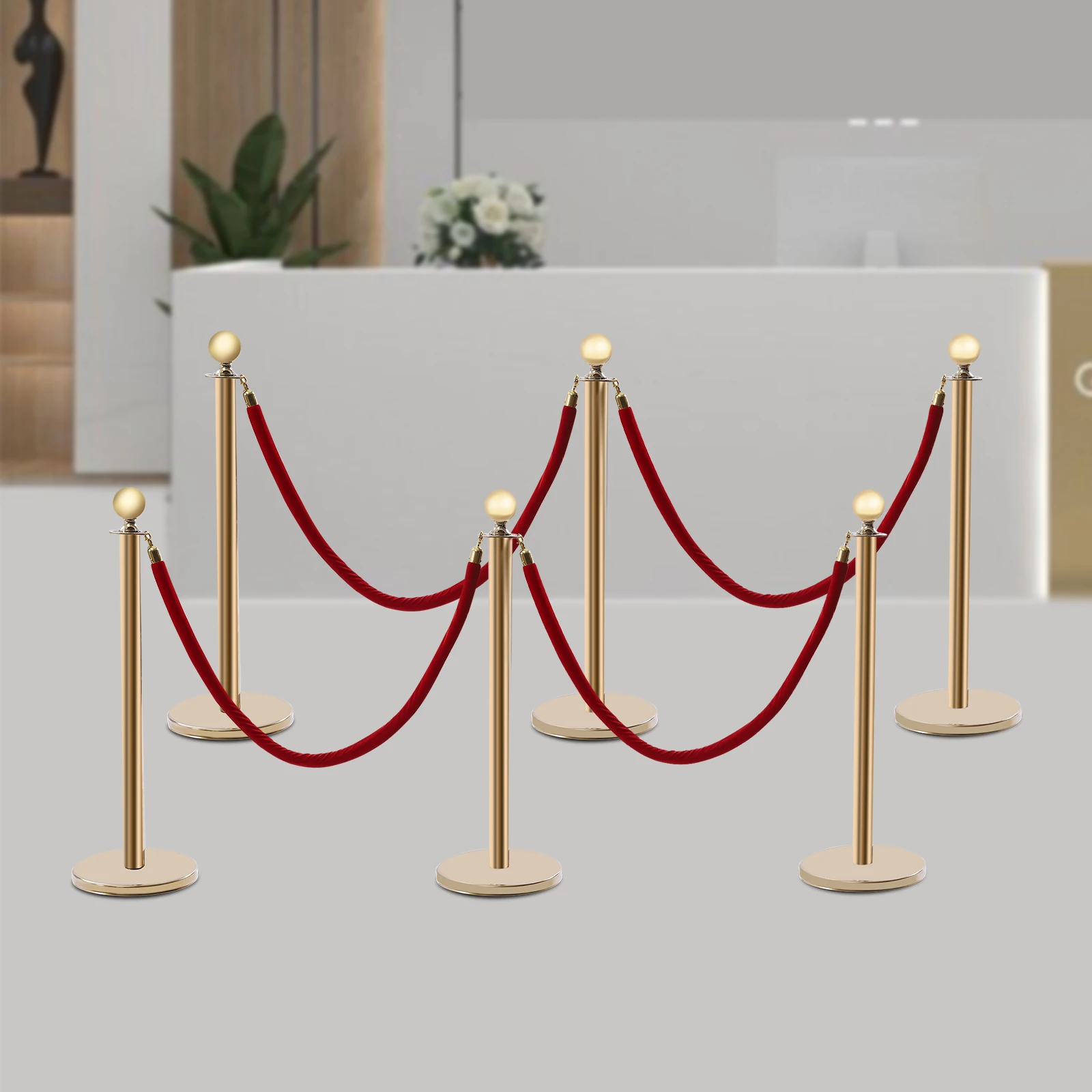 

6Pcs Gold Stanchion Posts with 4 Velvet Ropes Crowd Control Queue Pole Barrier