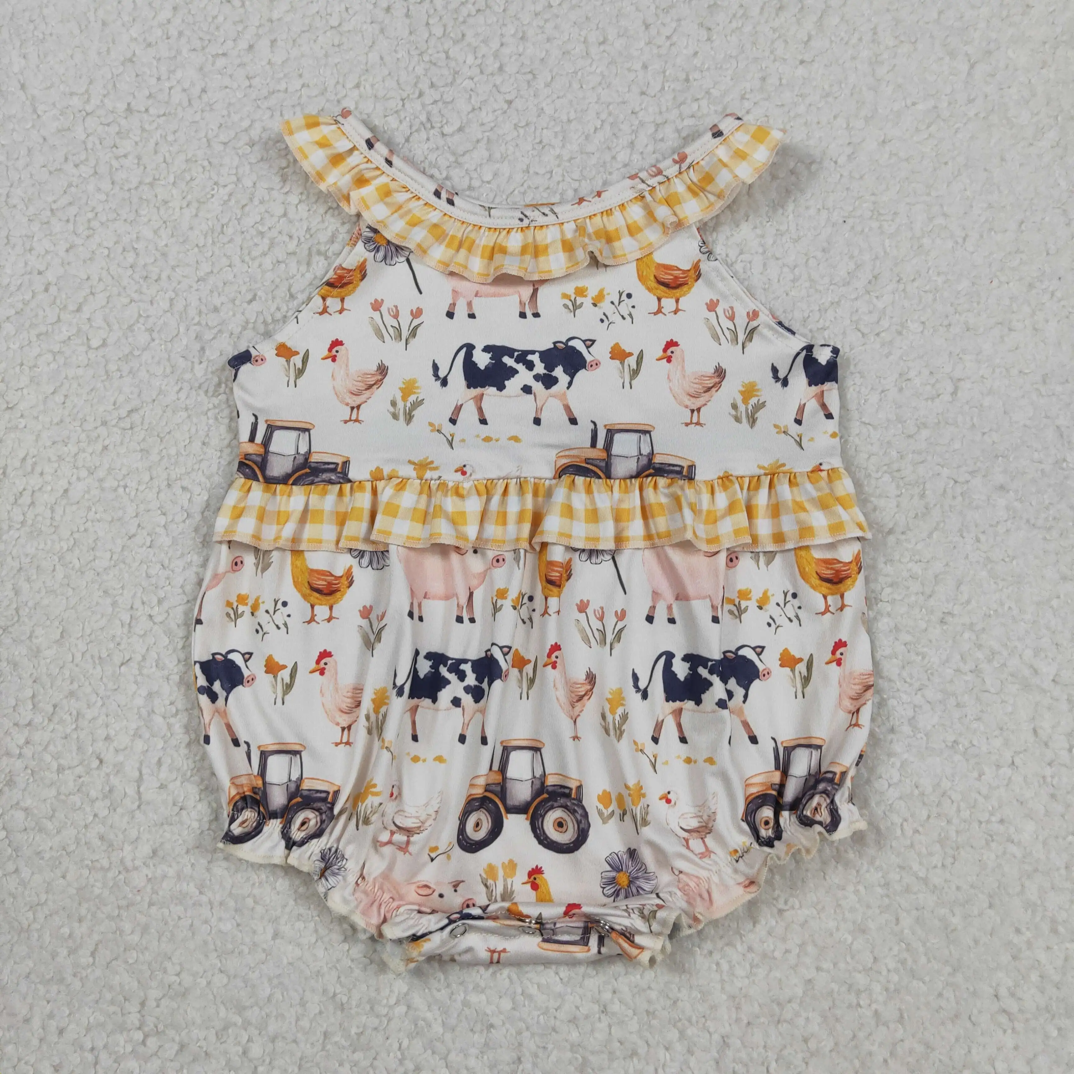 Wholesale Kid Toddler Farm Animals Bubble Romper Children Girls Plaid Clothes Newborn Infant Coverall Baby Girl Summer Bodysuit