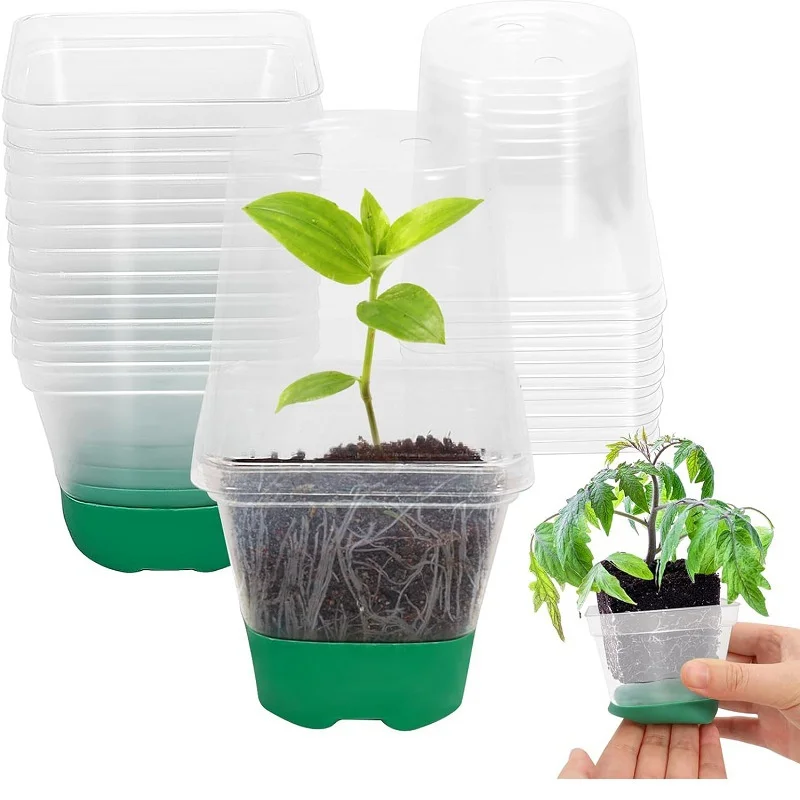 6Pcs Clear Nursery Pots With Silicone Base And Plant Labels Clear Transplant Square Plant Pots For Garden Planting Tools