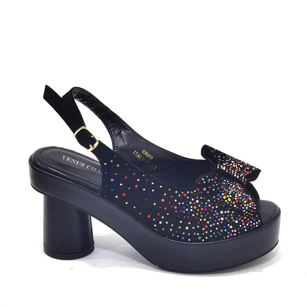 Elegante Schwarze Damen-Sandalen mit Blockabsatz, Plateau, Peeptoe und Strass-Verzierung & Clutch-Tasche Set für Hochzeit, Party und Abendveranstaltungen – Detail 11