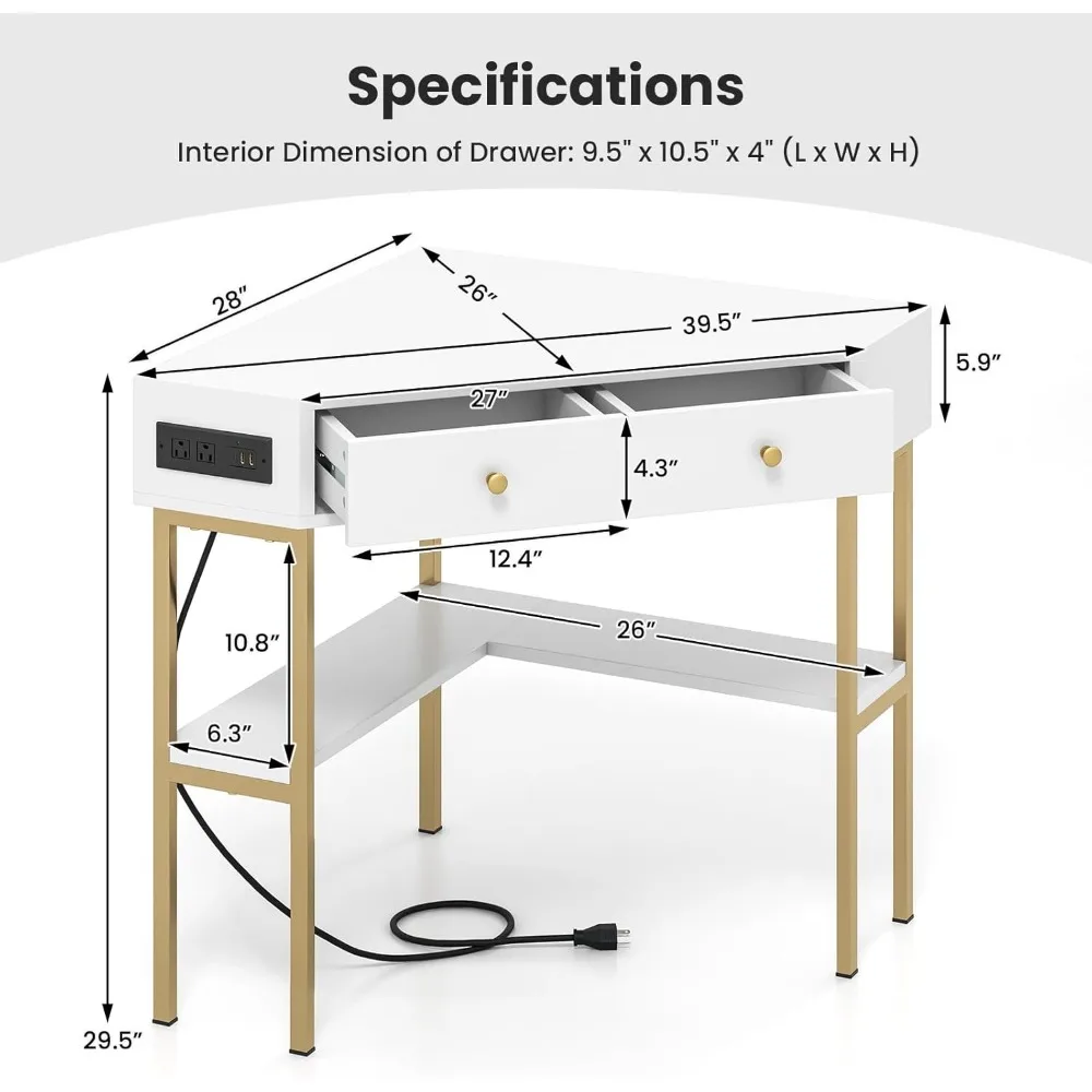 Corner Desk, 90 Degrees Triangle Corner Computer Desk , Bedroom Makeup Vanity Desk with Storage Shelves, Corner Writing Desk