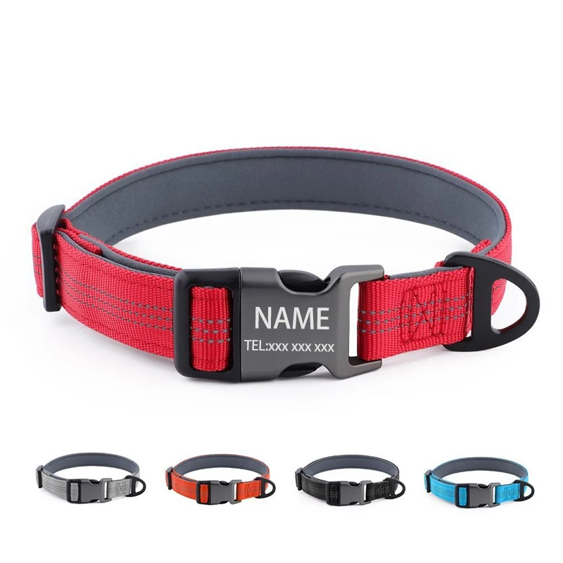 

Персонализированный регулируемый ошейник для собак с выгравированной идентификационной биркой — светоотражающий нейлоновый ошейник для щенков, мягкая неопреновая подкладка