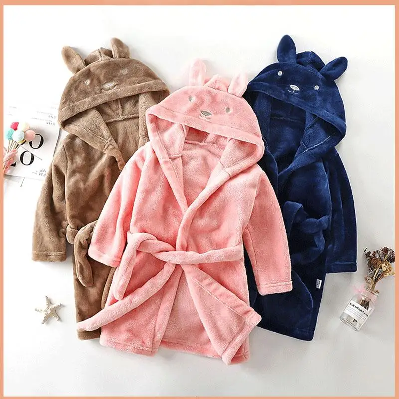 Children Hooded Bathrobe Kids Flannel Thicken Bath Robes Autumn Winter Cartoon Rabbit Sleepwear for Boys Girls 90-170cm