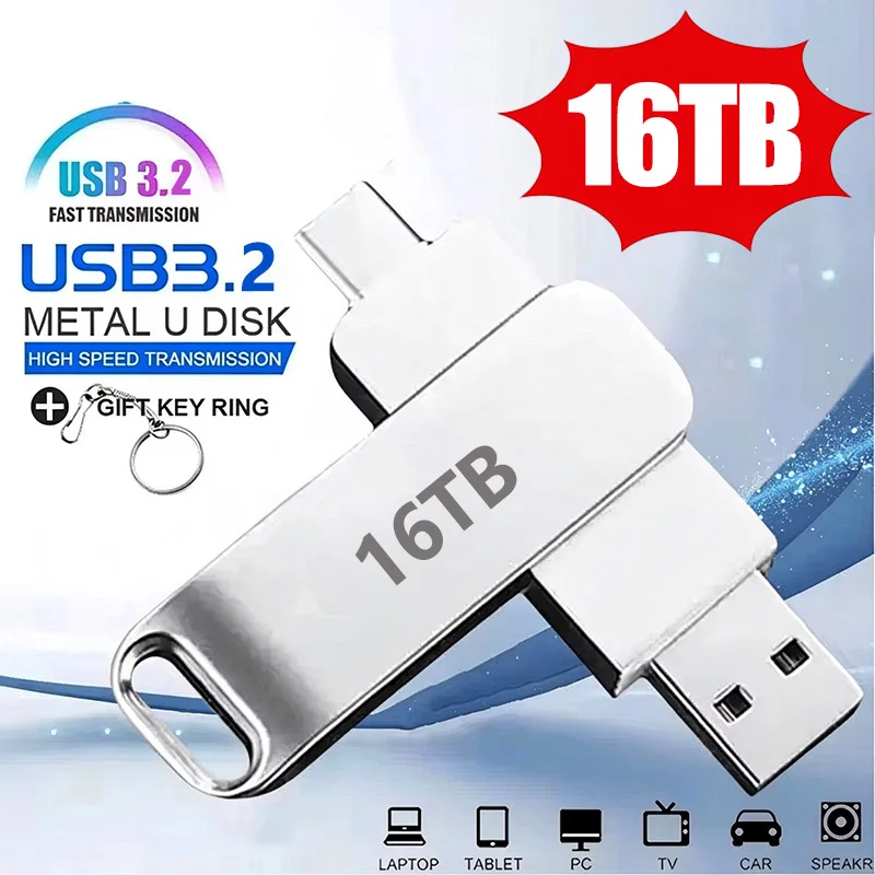 USB3.2 USB Flash Drive 16TB OTG Pen Drive High Speed Type-C Flash Disk 8TB 4TB Real Capacity Metal Pendrive For Phone Computer