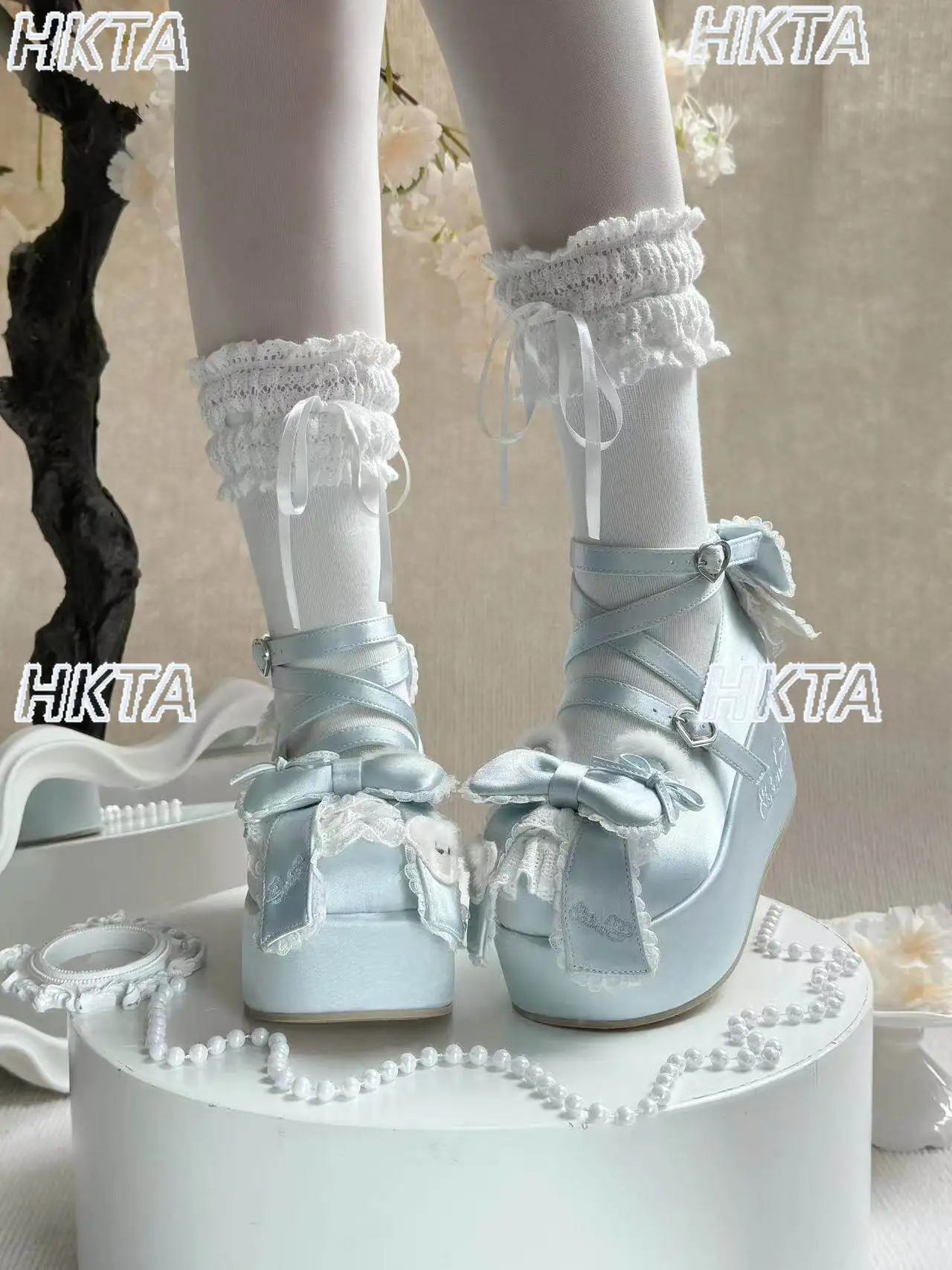 

Japanese 2026 New Kawaii Lolita Lace Bow Doll Sense Platform Shoes Sweet Cute Plush Tower Buckle Heightening Black Sandals Women