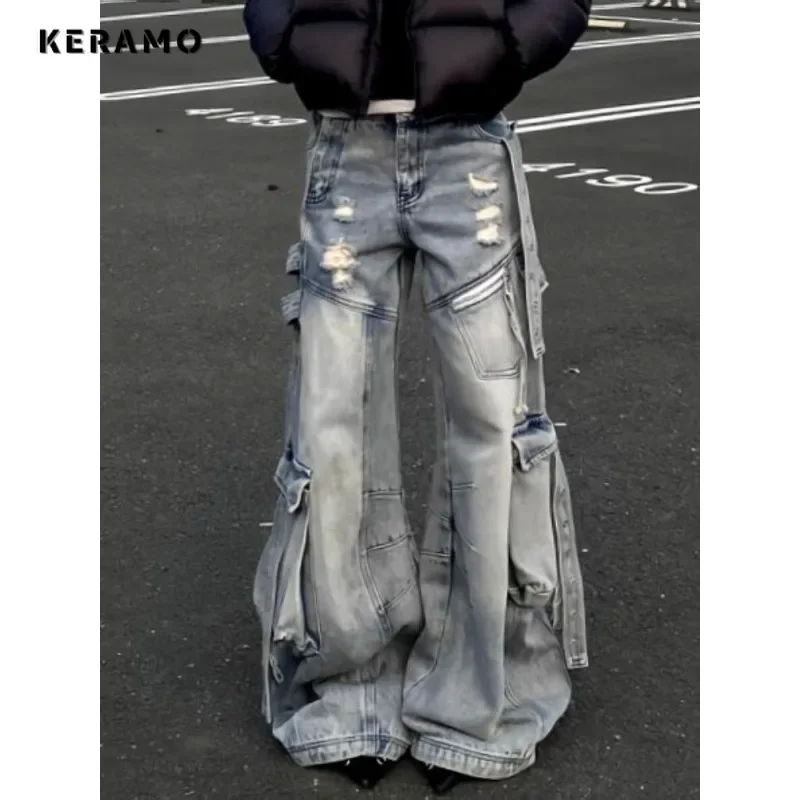 Grunge High Street Full Length Denim Trouser Vintage Washed Casual Classic Emo Pants Women's Y2K Trashy Belted Design Jeans