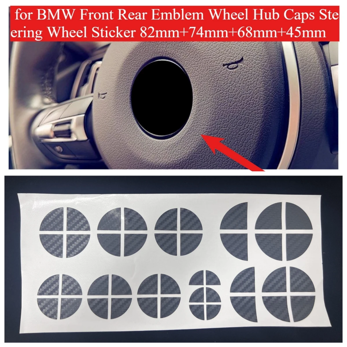 

7pcs New Black Fit for BMW Front Rear Emblem Wheel Hub Caps Steering Wheel Sticker 82mm+74mm+68mm+45mm Tools Cars Accessories