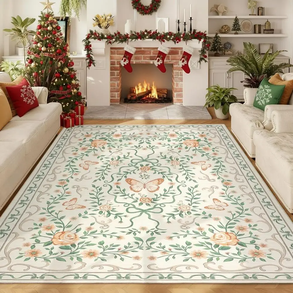 

5x7 Washable Floral Rug - Non-Slip, Stain Resistant for Bedroom, Dining, Living Room in Beige
