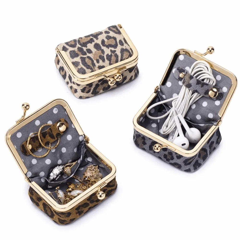 Elegant Leopard Print Kiss Lock Coin Purse PU Leather Square Leather Jewelry Bag Mini Multifunctional Small Item Bag Earrings