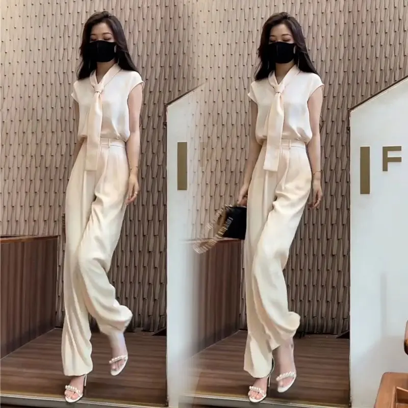 Temperament Fashion Suit Women's Summer Light Luxury High End Neck Tie Short Sleeve Tank Top Straight Leg Trousers Two Piece Set