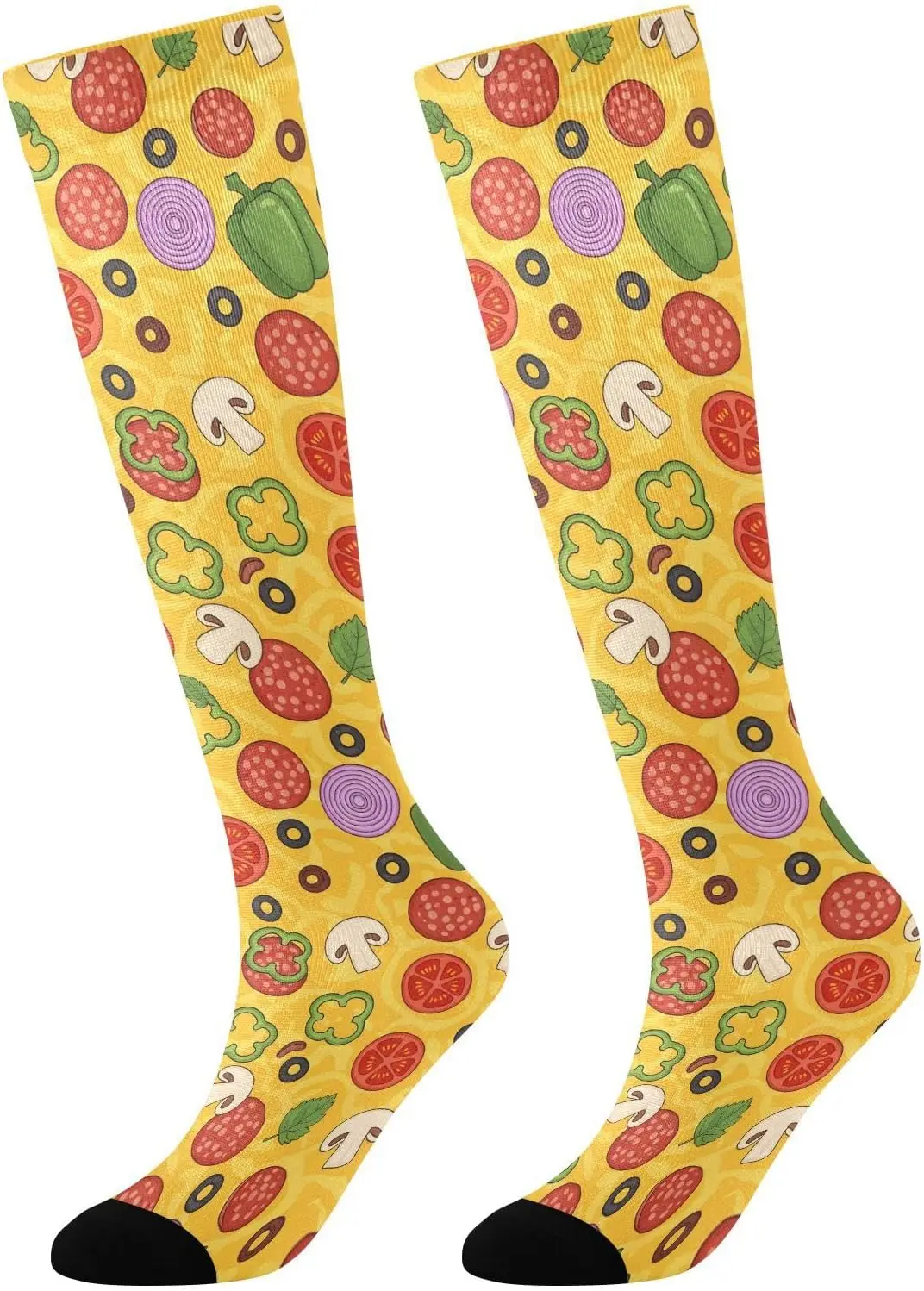 Pizza Topping Print Knee High Socks for Men Women Soft Stretchy Comfortable Novelty Casual Long Socks Fun Food Pattern Socks