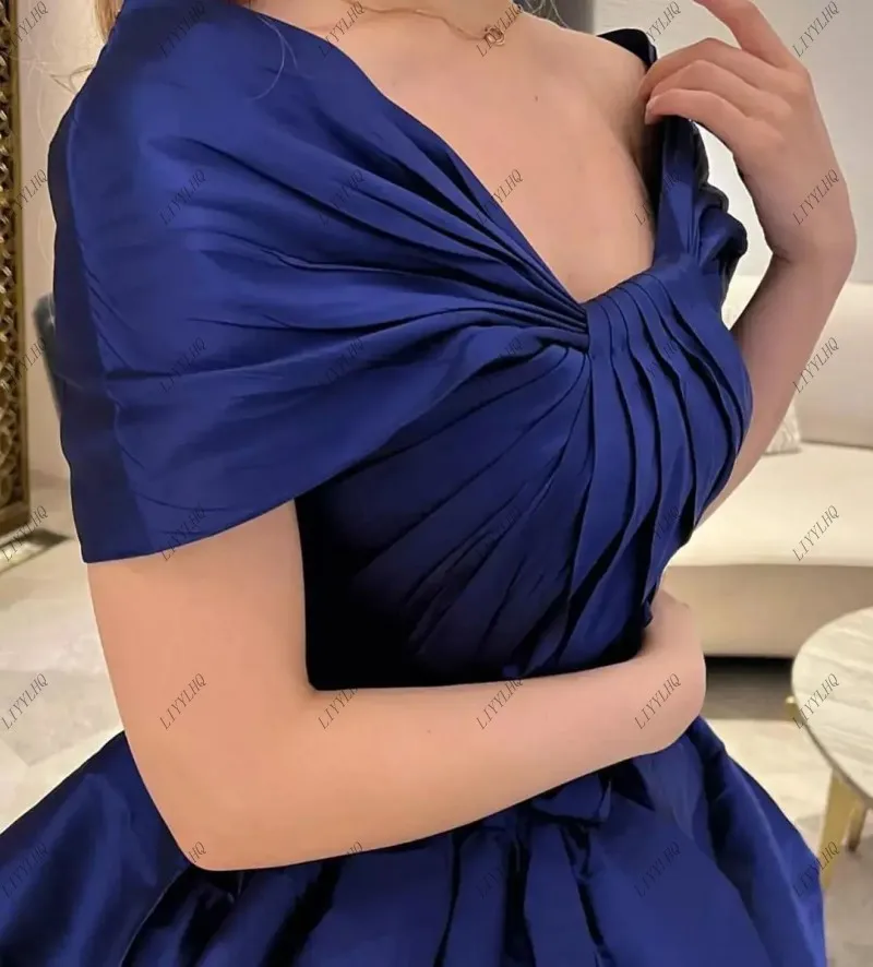 LIYYLHQ Navy Blue Satin Evening Dresses Prom Gowns Knee Length Arabian Dubai Women Formal Cocktail Party Dress Robe de soire