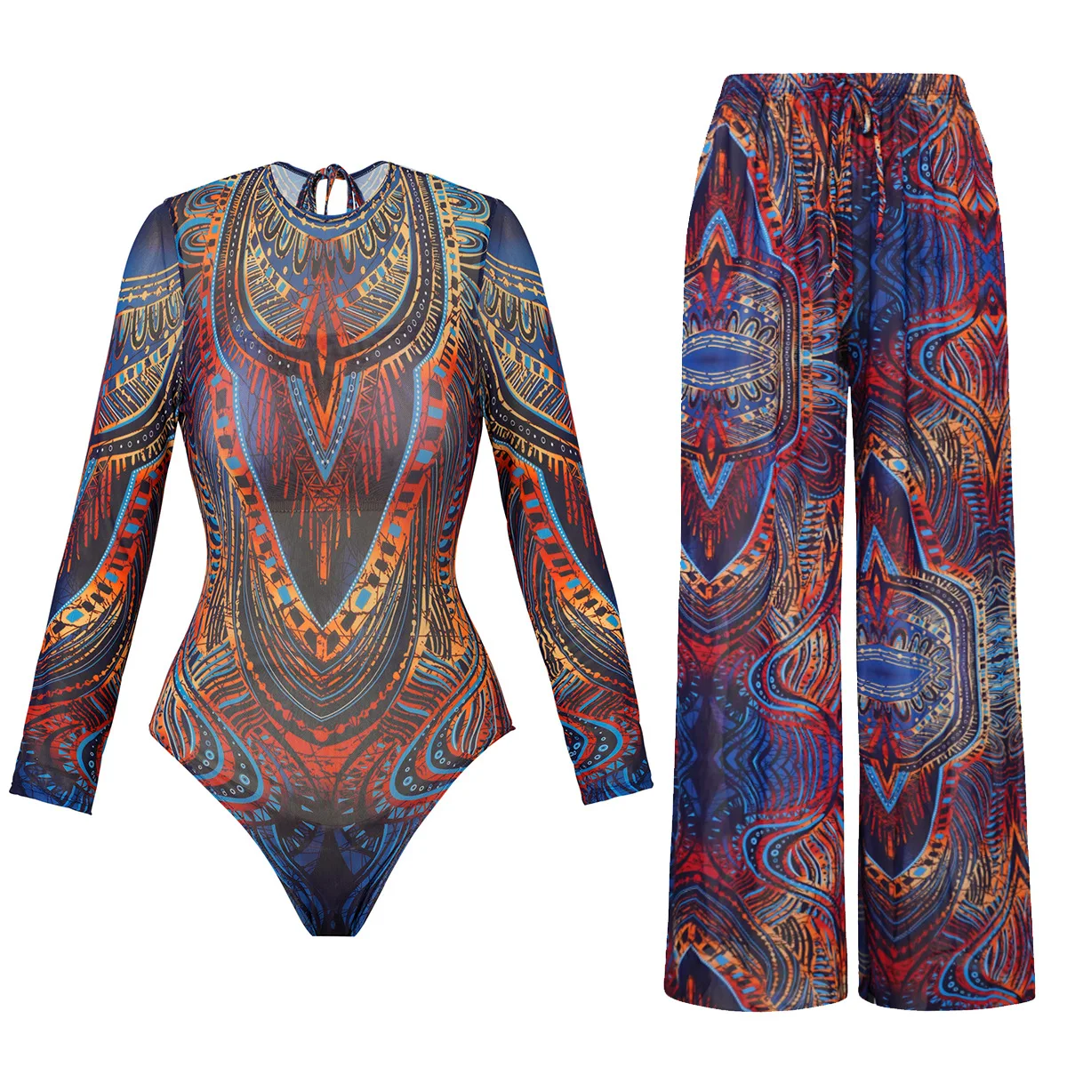 

XS - XXL Printed Long Sleeve With Pants Women Swimwear One Piece Swimsuit Female Zipper Padded Bather Bathing Suit Swim