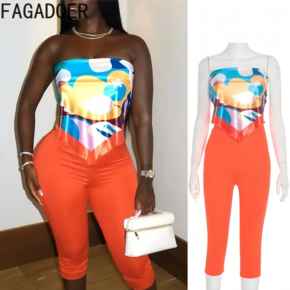 

FAGADOER Autumn New Sexy Pattern Printing 2 Piece Sets Woman Outfit Tube Top and Pants Midnight Female Holiday Clothing 2025 New