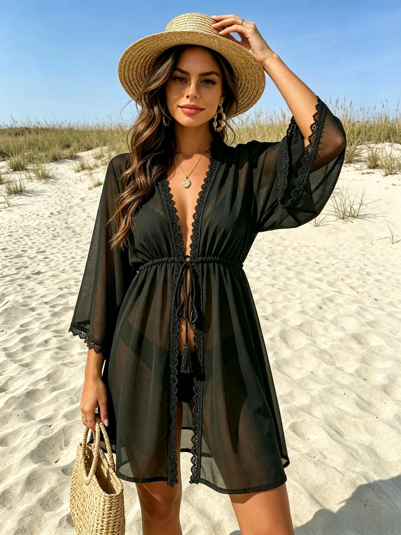 Black Sheer Chiffon Beach Cover Up Lace Trim Tassel Tie Waist Flare Sleeve Bikini Kimono Coverup view 6
