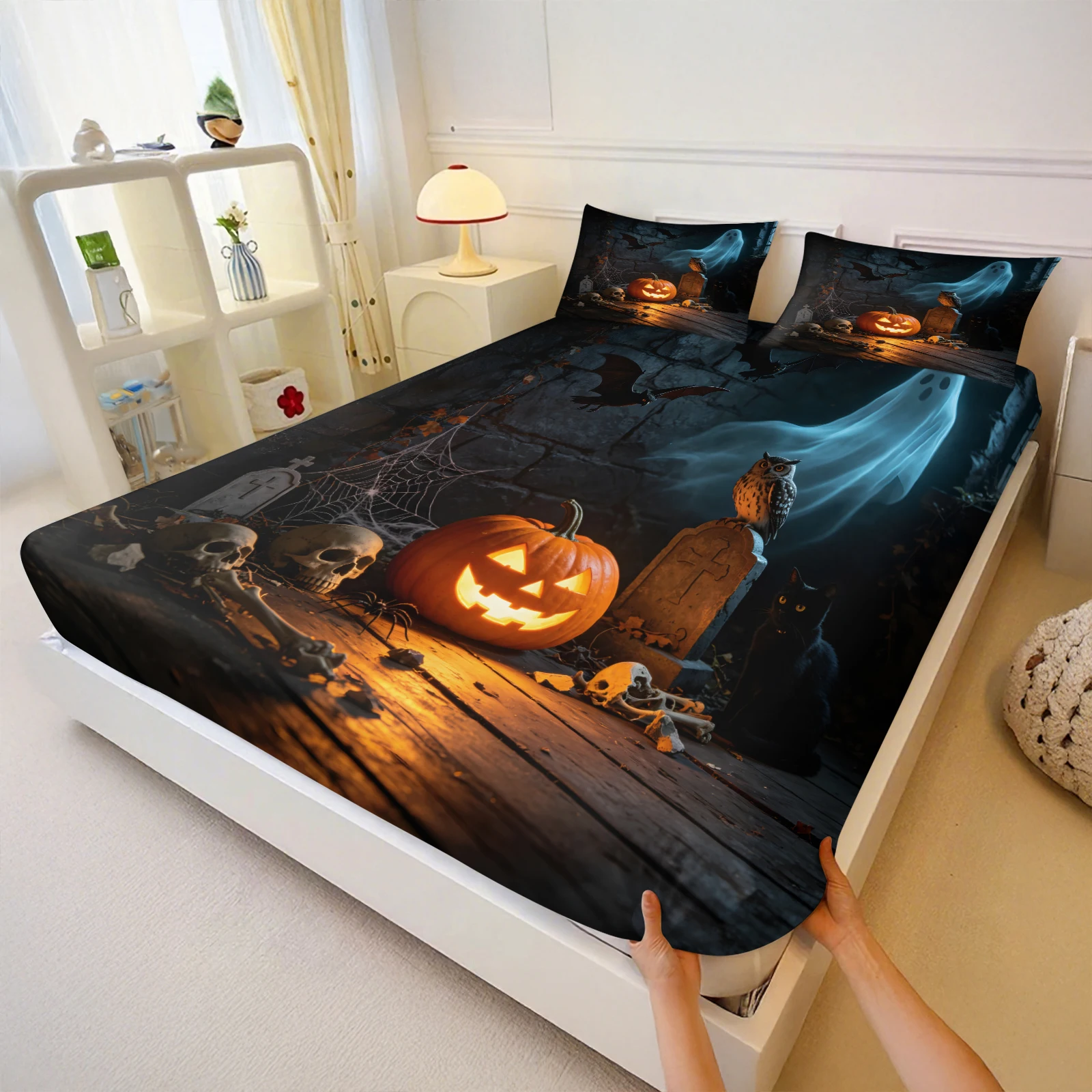 ハロウィンフィットシーツセット パンプキン ゴースト フクロ - Bed Sheet Microfiber のレビューと価格