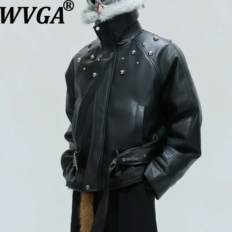 

WVGA Winter New Man Fur Turn-Down Collar Thickened Cotton Long Sleeved Jacket Niche Chic Casual Rivet Short Leather Coats W14408