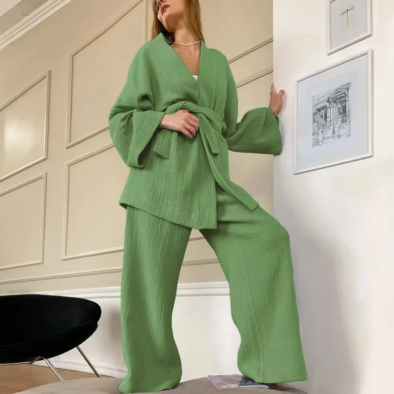 

2026 New Spring French Style Two-piece Set Women's Loose Shirt Long Pant Clothing Pure Cotton Casual Fashion Set Women