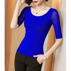 Spring Summer Half Sleeve Mesh T-Shirts Girls O Neck High Stretchy Tops Woman Plain Color Simple Basic Tee Tshirt