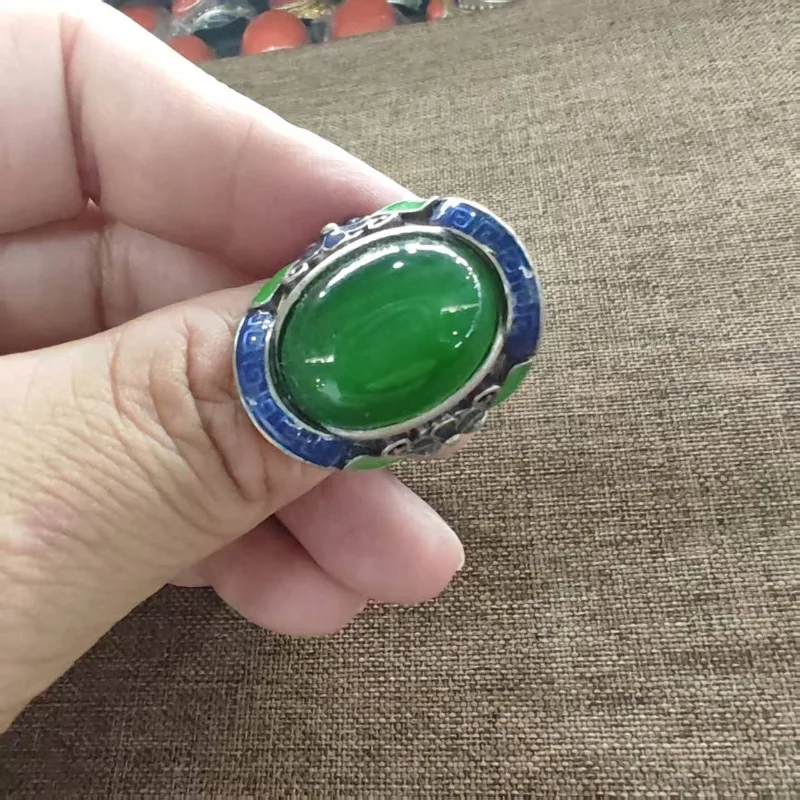 Vintage Ethnic Adjustable Finger Ring for Oval Imitation Green‑Jade with Blue Floral Enamel Tribal Jewelry for Daily Wear Party