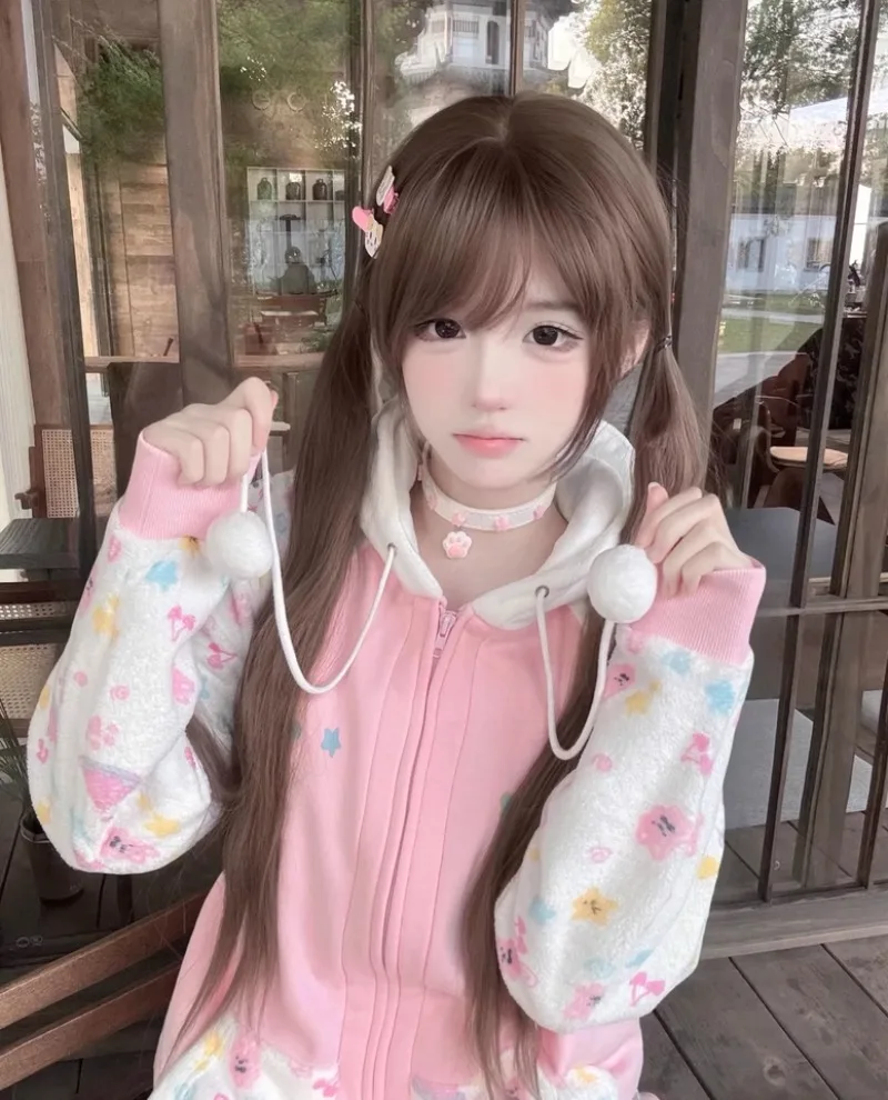 2025 New Japanese Two-dimensional Subculture Y2k Millennial Cute Bear Cartoon Fleece Jacket Hooded Sweater For Women