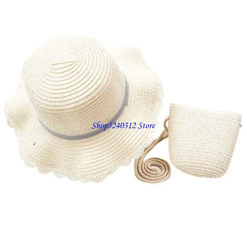 

634C Летняя детская тканая соломенная шляпа для солнцезащитного козырька с сумочкой, комплект с мультяшным кроликом и помпоном,