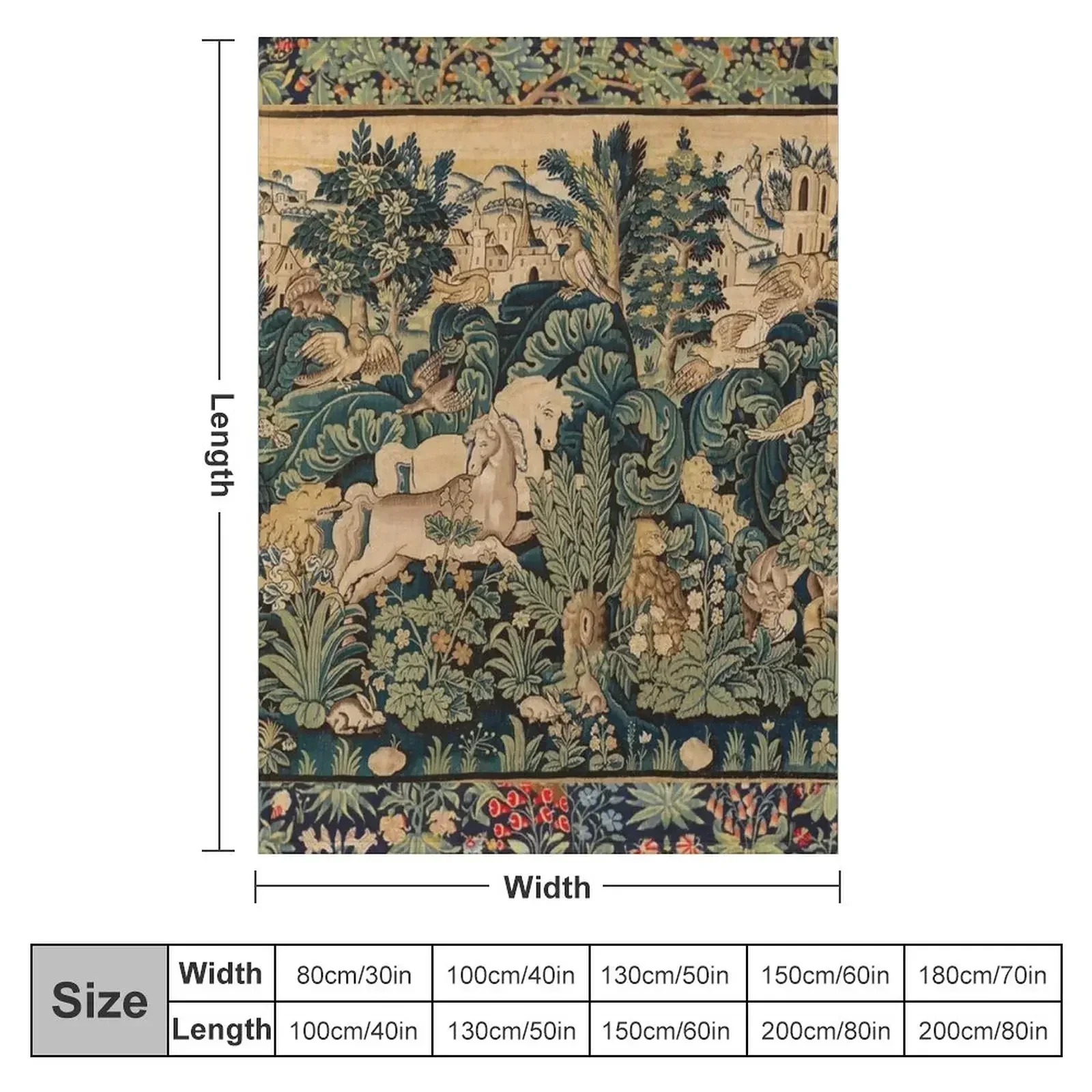 FANTASTIC ANIMALS AND HORSES IN WOODLAND Blue Green Ivory Antique French Tapestry Throw Blanket Plush Summer Beddings Blankets