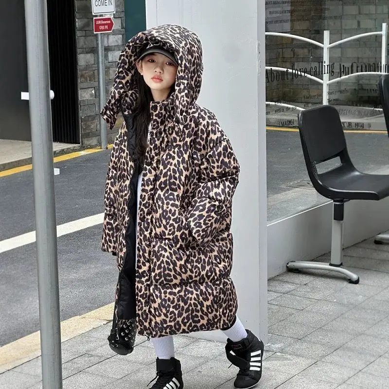 Girls' Winter Down Jacket 2025 New Kids Leopard Print Hooded Thickened Warmth Cotton-padded Coat Stylish Off-season Sale