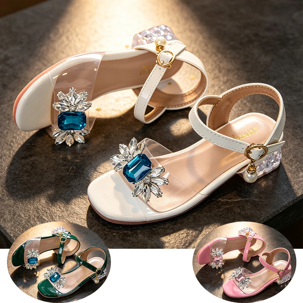 Fancy Girls Princess Sandals Rhinestone Crystal Block Heel Dress Shoes Party Birthday Pageant Elegant Glitter Transparent Shoes