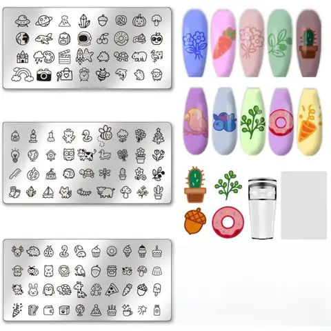Nail Stamping Plates Kits Cute Cartoon Nail Stamper Kit with Seal Stamp and Scraper Vintage Garden Flower Dogs Stam