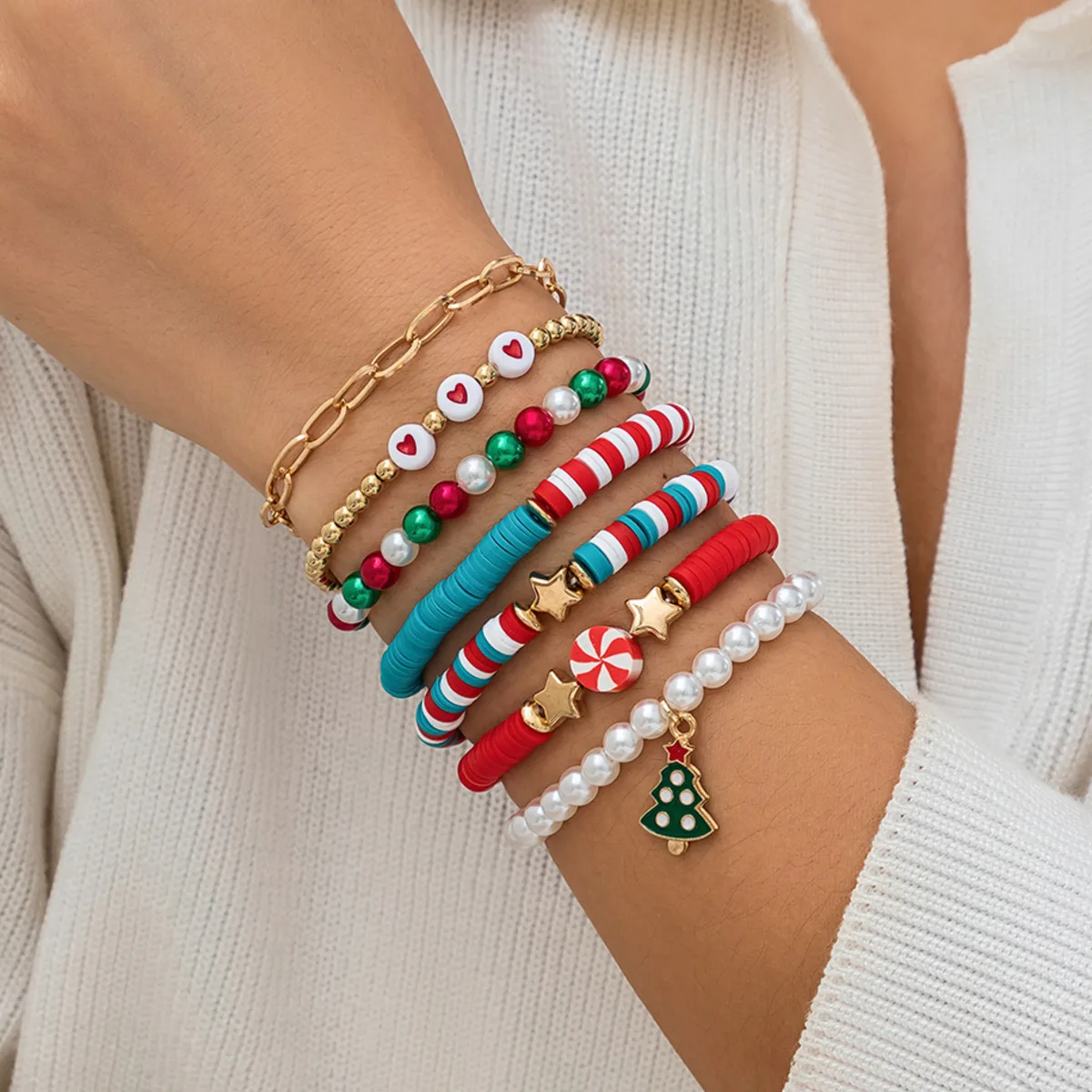 

SHIXIN 7Pcs/Set Cute Imitation Pearl Colourful Beaded Bracelet Women Christmas Tree Pendant Bracelets New Year Jewelry Gifts