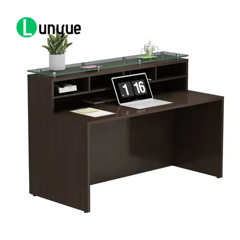 Modern Wooden Rectangular Reception Desk with Open Multi Function Storage Rack for Office Front Desk Commercial Use Space