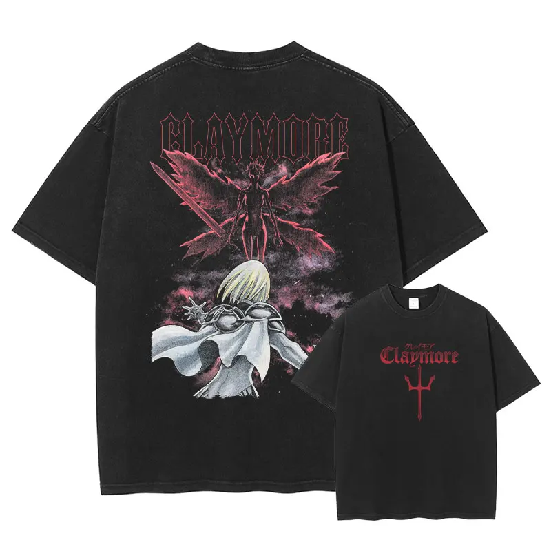 Camiseta Anime Claymore Clare Miria, estilo vintage lavado, camisetas con estampado de dibujos animados de anime Harajuku, camiseta de manga corta extragrande con estampado DTG