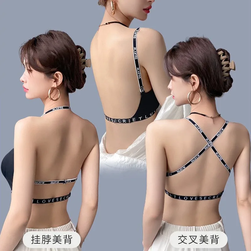 U-back lingerie small bosom gathered outside expand the chest big waist thin 2024 new letter halter brassiere autumn