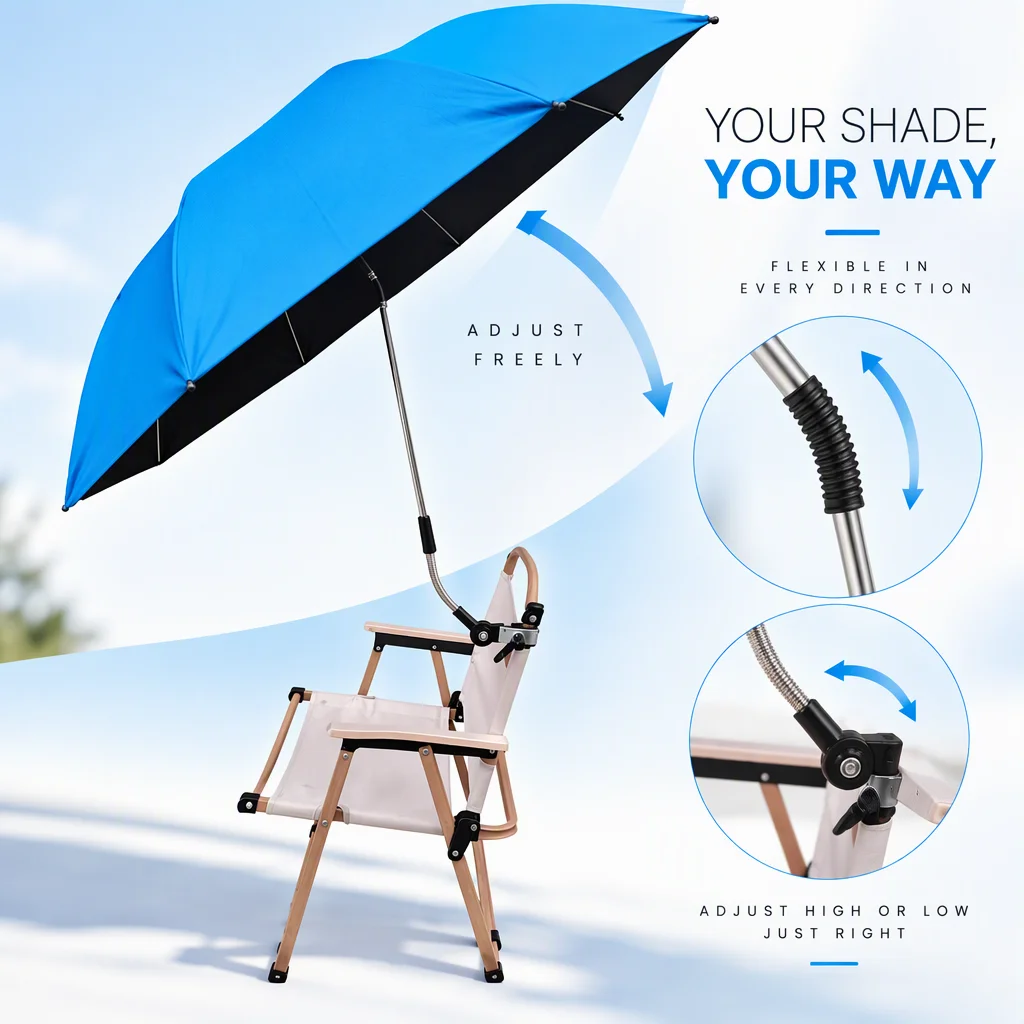 Clip On Chair Umbrella Outdoor Beach Chair Sun Shade Umbrella with Black Coating Adjustable Flexible Pole for Camping Recliner