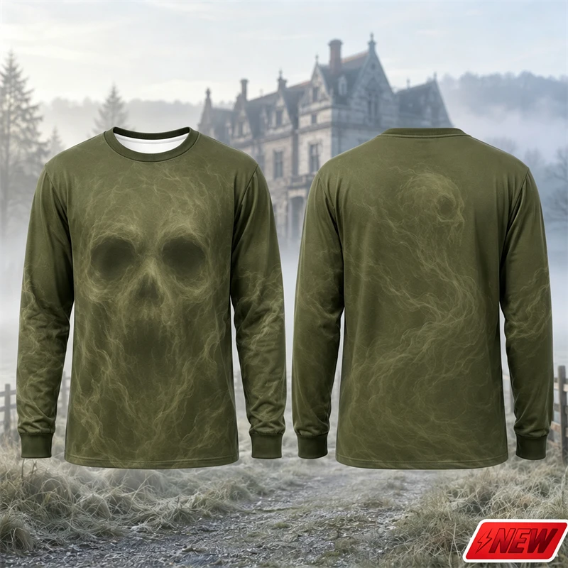 Men Long Sleeve T‑Shirt Realistic Skull pattern T-shirt Tee Halloween Cosplay Graphic T-shirt Festival Men's Gift T-shirts tops