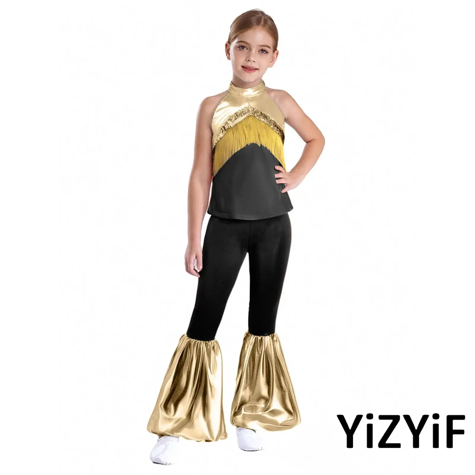 

Girls Carnival Gymnastics Jazz Competition Dancewear Tassel Sequins Metallic Crop Top And Bell-Bottomed Pants Hip Hop Costume