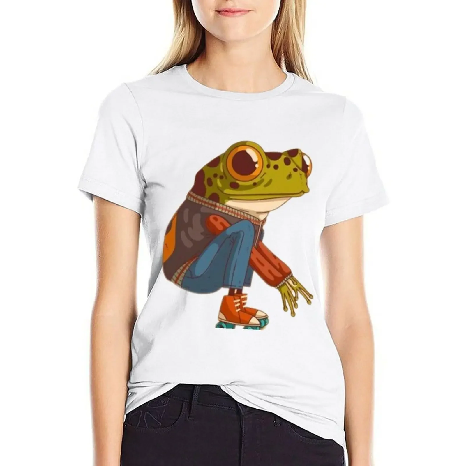 

toad in clothes on roller skates T-shirt summer top Blouse black t-shirts for Women