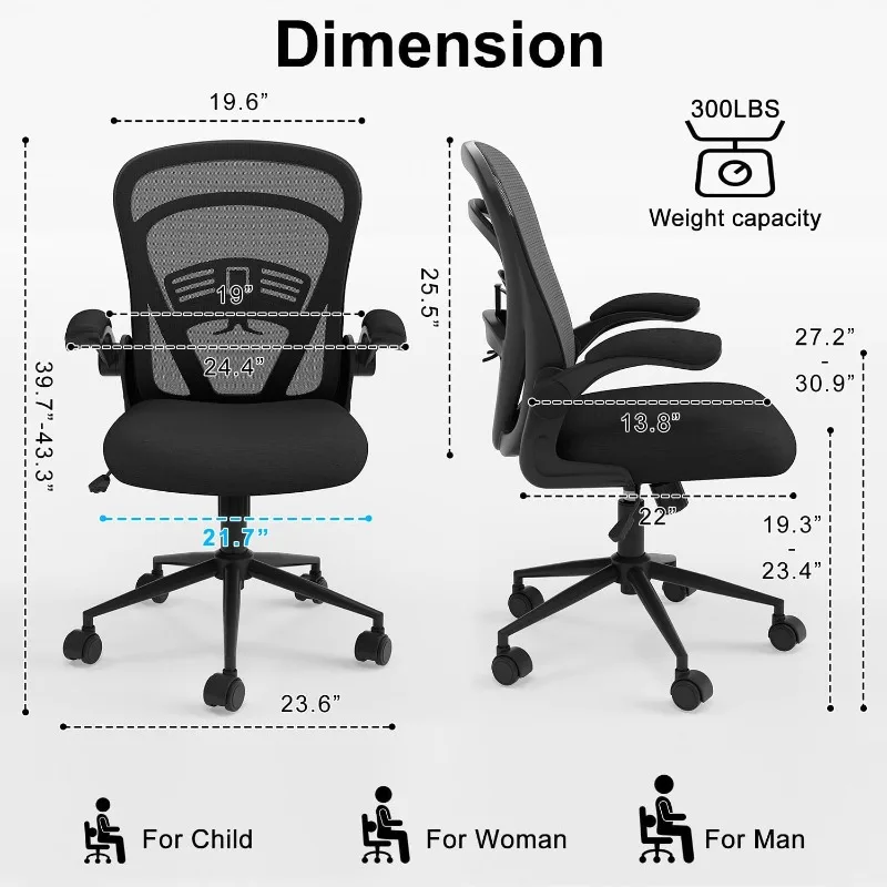 Computer Desk Chair with Wheels, Mesh Office Chair with Flip Up Arms and Wide Seat, Swivel Desk Chair Comfy