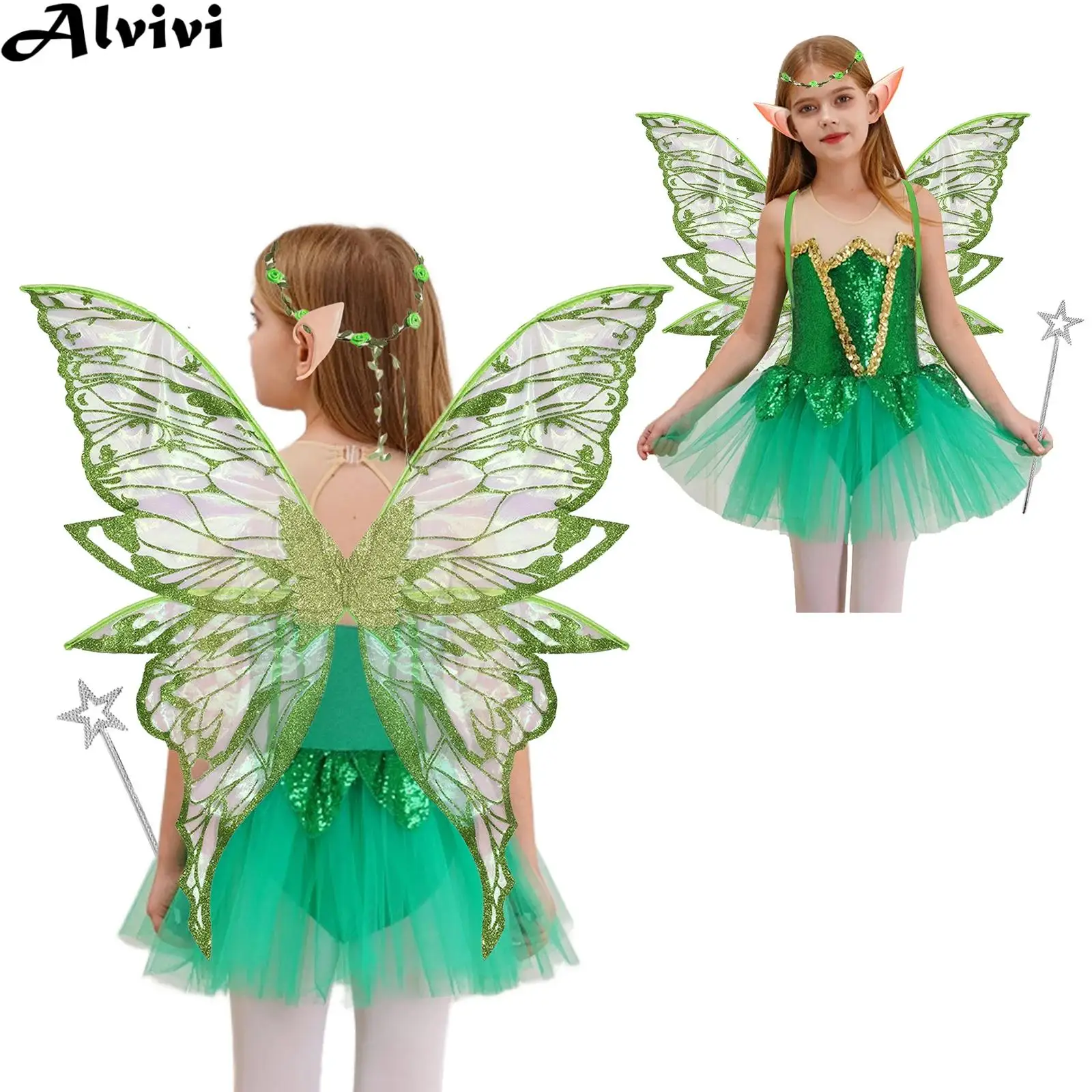 Girls Shiny Sequins Mesh Tutu Fairy Elf Dress Leotard with Wings Ears Magic Wand Garland for Halloween Carnival Cosplay Party