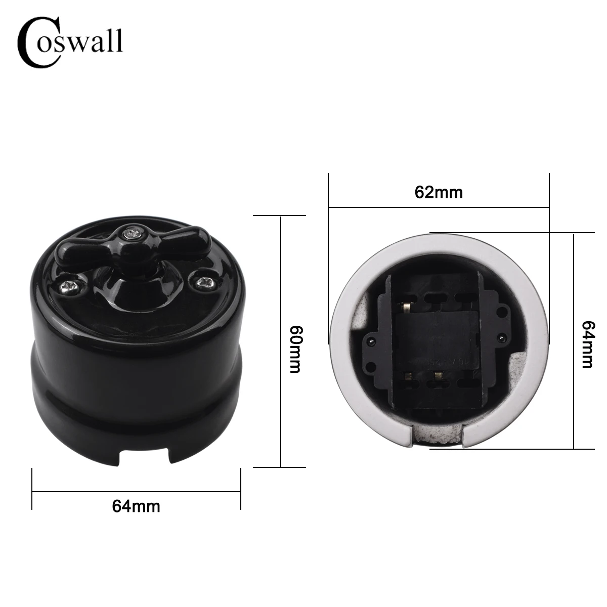 Coswall Ceramic Material, Retro Rotary 1 Gang 2 Way Light Switch + EU Standard Wall Socket Grounding, External Installation
