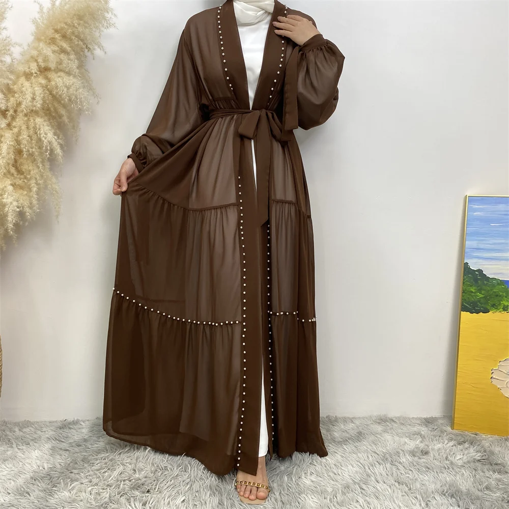 Nuovo modesto Abaya donne musulmane moda elegante colore netto in rilievo musulmano lace-up Cardigan in chiffon Robe medio oriente turchia arabo Rama