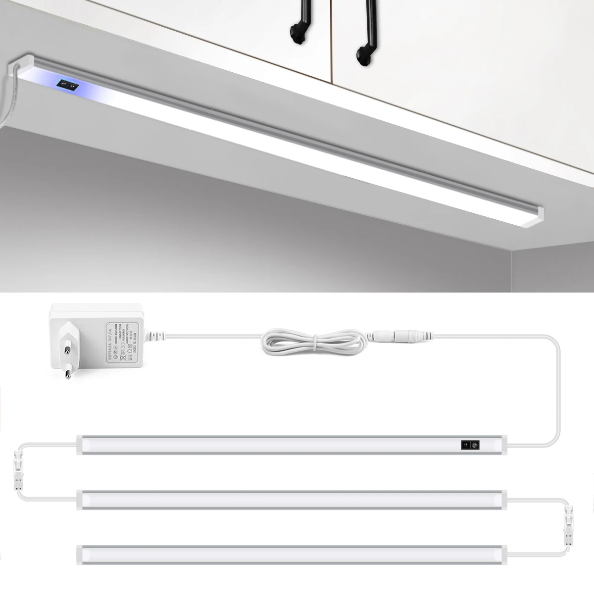 30/40/50cm Series Connection Hand Scan Sensor Switch LED Under Cabinet Kitchen Lamp White Lighting Tube Light EU Power Adapter