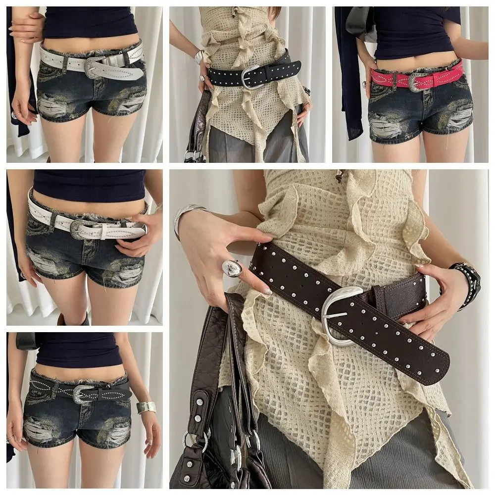Регулируемый Y2k женский ремень с заклепками, металлическая пряжка, джинсовый ремень, широкий кожаный пояс, винтажный универсальный ремень в стиле панк, пряные девушки