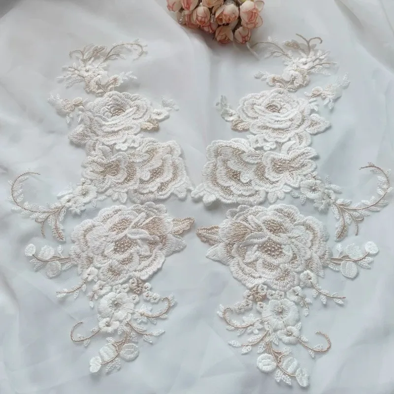 New 2 Pairs of Cotton Thread Ivory Champagne Color - Matched Lace Floral - Aligned High - End Wedding Veil and Dress Accessories