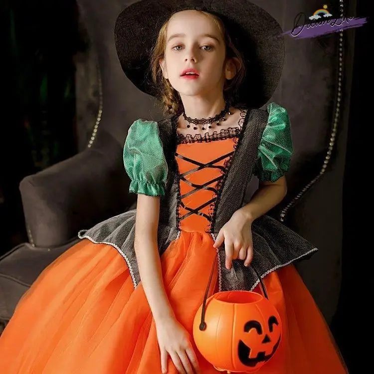 

Halloween Witch Pumpkin Skirt Children's Costume Fairy Princess Dress Masquerade Ball Outfit Performance Clothes for Girls
