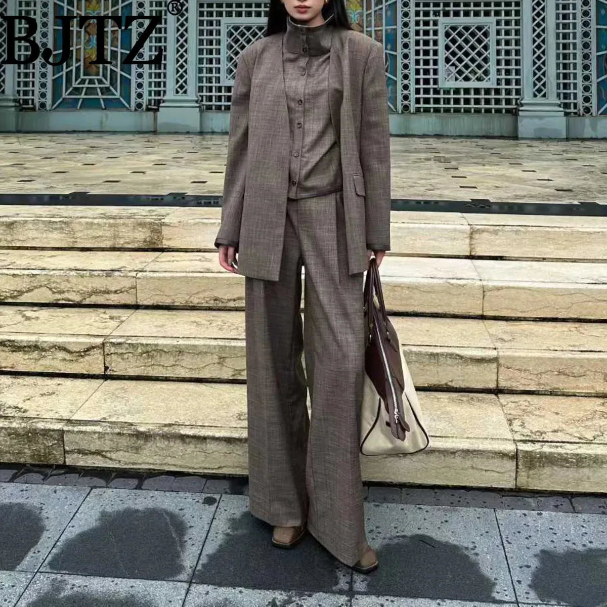 

BJTZ Fashion Vintage Style Blazer Jacket For Woman High Necked Sleeveless Vest+wide Leg Suit Pants Set Female Temperament Sets